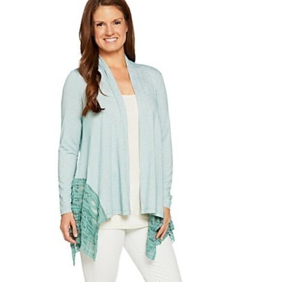 LOGO by Lori Goldstein Cardigan womens medium Open Front Stripe  w/ Lace Godets - Picture 1 of 9